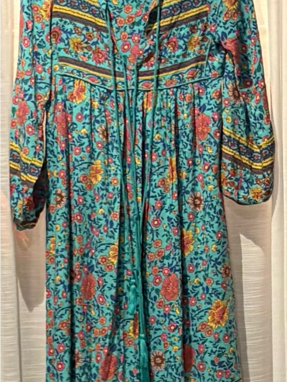 Bohemian Turquoise Floral Midi Dress with Tie Front
